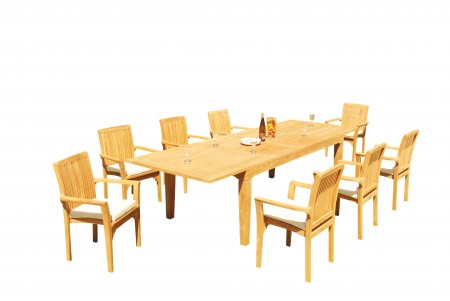 9 PC Dining Set - 122" Caranas Rectangle Table & 8 Lua Stacking Arm Chairs
