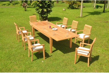 9 PC Dining Set - 122" Caranas Rectangle Table & 8 Mas Stacking Arm Chairs