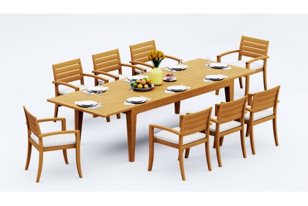 9 PC Dining Set - 122" Caranas Rectangle Table & 8 Travota Stacking Arm Chairs