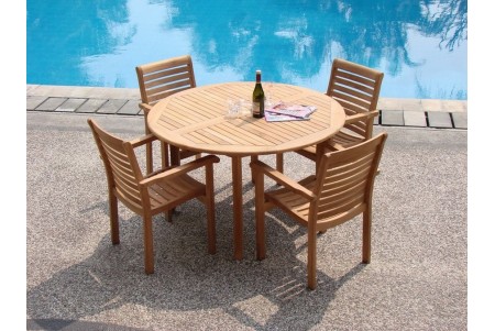 5 PC Dining Set - 48" Round Table & 4 Hari Stacking Arm Chairs 