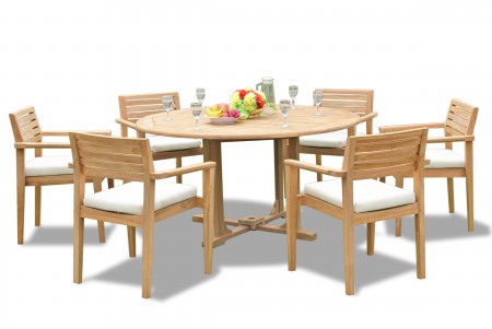 7 PC Dining Set - 60" Round Table & 6 Montana Stacking Arm Chairs 