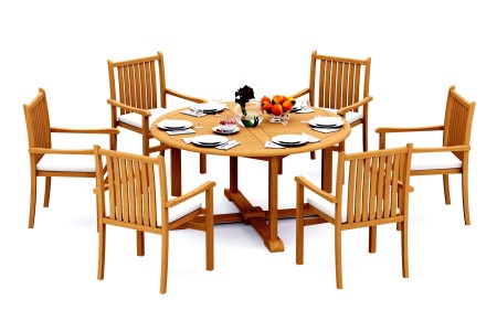 7 PC Dining Set - 60" Round Table & 6 Cahyo Stacking Arm Chairs 