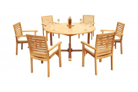 7 PC Dining Set - 60" Round Table & 6 Hari Stacking Arm Chairs 