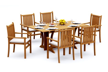 7 PC Dining Set - 69" Warwick & 6 Cahyo Stacking Arm Chairs 