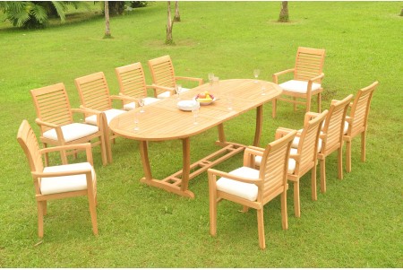 11 PC Dining Set - 94" Double Extension Masc Oval Table & 10 Mas Stacking Arm Chairs