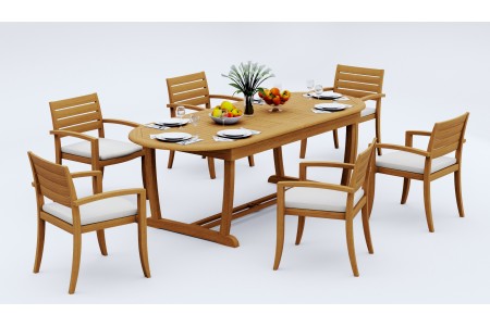 7 PC Dining Set - 94" Double Extension Masc Oval Table & 6 Travota Stacking Arm Chairs