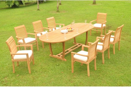 9 PC Dining Set - 94" Double Extension Masc Oval Table & 8 Mas Stacking Arm Chairs