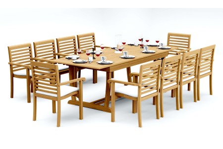 11 PC Dining Set - 94" Double Extension Masc Rectangle Table & 10 Hari Stacking Arm Chairs