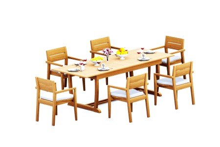 7 PC Dining Set - 94" Double Extension Masc Rectangle Table & 6 Cellore Stacking Arm Chairs