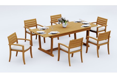 7 PC Dining Set - 94" Double Extension Masc Rectangle Table & 6 Travota Stacking Arm Chairs