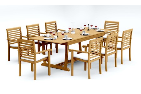 9 PC Dining Set - 94" Double Extension Masc Rectangle Table & 8 Hari Stacking Arm Chairs