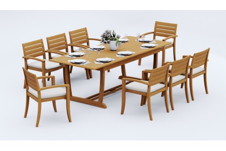 9 PC Dining Set - 94" Double Extension Masc Rectangle Table & 8 Travota Stacking Arm Chairs