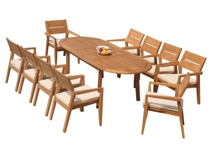 11 PC Dining Set - 94" Double Extension Oval Table & 10 Cellore Stacking Arm Chairs
