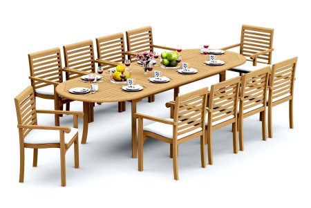 11 PC Dining Set - 94" Double Extension Oval Table & 10 Hari Stacking Arm Chairs