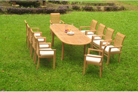 11 PC Dining Set - 94" Double Extension Oval Table & 10 Mas Stacking Arm Chairs