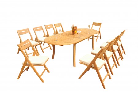 11 PC Dining Set - 94" Double Extension Oval Table & 10 Surf Folding Arm Chairs