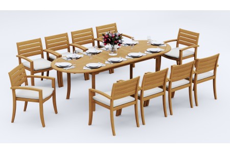 11 PC Dining Set - 94" Double Extension Oval Table & 10 Travota Stacking Arm Chairs