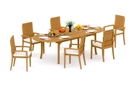 7 PC Dining Set - 94" Double Extension Oval Table & 6 Goa Stacking Arm Chairs