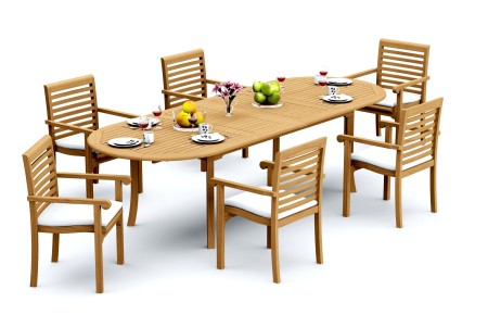 7 PC Dining Set - 94" Double Extension Oval Table & 6 Hari Stacking Arm Chairs