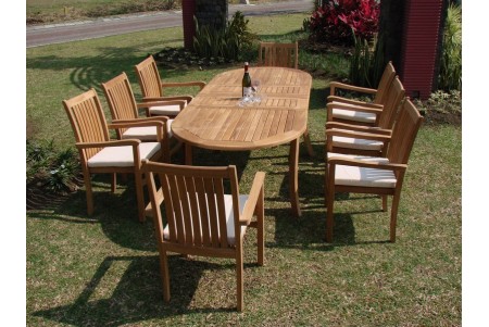 9 PC Dining Set - 94" Double Extension Oval Table & 8 Cahyo Stacking Arm Chairs