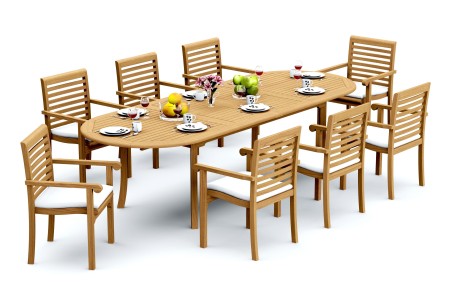 9 PC Dining Set - 94" Double Extension Oval Table & 8 Hari Stacking Arm Chairs