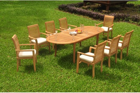 9 PC Dining Set - 94" Double Extension Oval Table & 8 Mas Stacking Arm Chairs