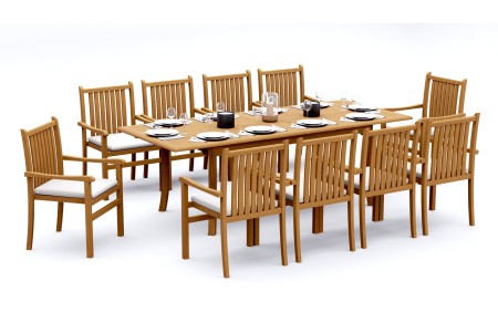 11 PC Dining Set - 94" Double Extension Rectangle Table & 10 Cahyo Stacking Arm Chairs