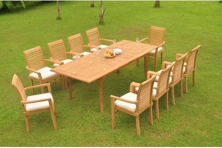 11 PC Dining Set - 94" Double Extension Rectangle Table & 10 Mas Stacking Arm Chairs