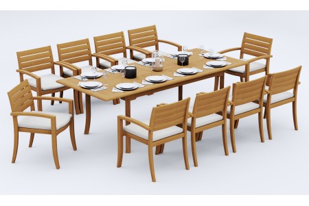 11 PC Dining Set - 94" Double Extension Rectangle Table & 10 Travota Stacking Arm Chairs