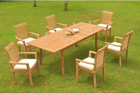 7 PC Dining Set - 94" Double Extension Rectangle Table & 6 Mas Stacking Arm Chairs