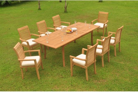 9 PC Dining Set - 94" Double Extension Rectangle Table & 8 Mas Stacking Arm Chairs