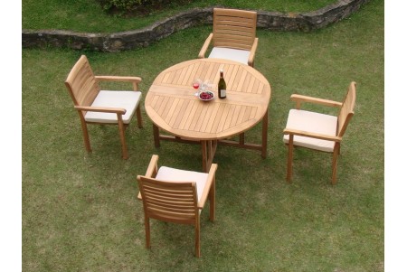 5 PC Dining Set - 48" Round Butterfly Table & 4 Hari Stacking Arm Chairs 