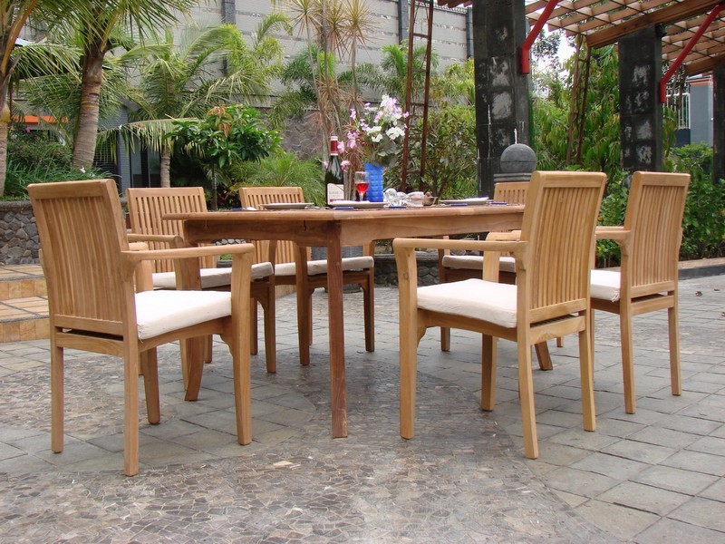 Details About 7 Piece Outdoor Teak Dining Set 83 Rectangle Table 6 Stacking Arm Chairs Lua